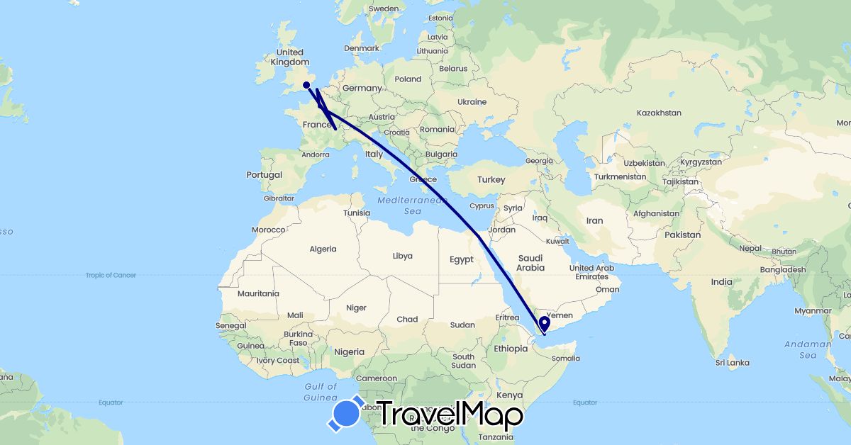 TravelMap itinerary: driving in Egypt, France, United Kingdom, Yemen (Africa, Asia, Europe)